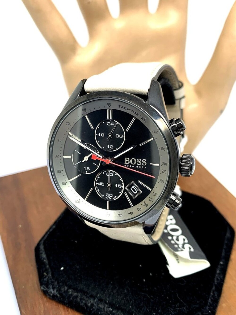 Hugo Boss Men's Watch 1513562 Quartz Chronograph Black Dial Leather Band 44mm